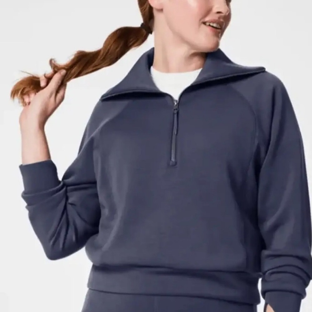 Women's XL SPANX AirEssentials Half Zip Grey Blue Sweatshirt Top Shirt Zip